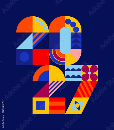 2027 New Year design with abstract geometric pattern. Vintage, retro decorative shapes, bright colors element, tiles on grid. Holiday typography. Vector illustration on blue background, backdrop