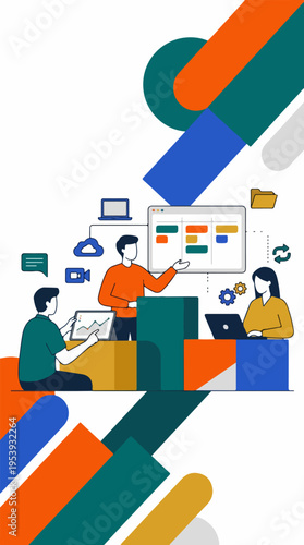 Project management teamwork illustration with kanban board laptops and geometric shapes