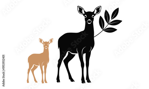 Deer and fawn vector illustration wildlife animal family silhouette with forest leaves elegant woodland nature design isolated