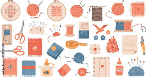 Sewing and Knitting Tools Vector Illustration Set with Yarn, Needles, Scissors, Threads, Fabric, Buttons, and Handmade Craft Supplies Collection