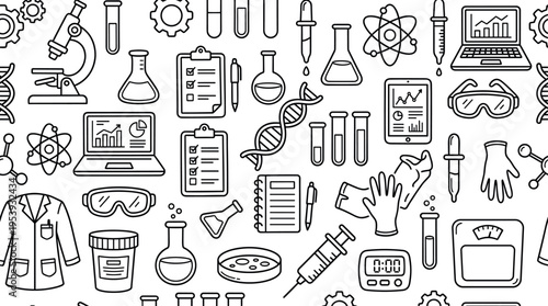Chemical research and modern laboratory technology concept highlighting innovation, data analysis, and scientific tools used in advanced experimentation. Objects of microscope,