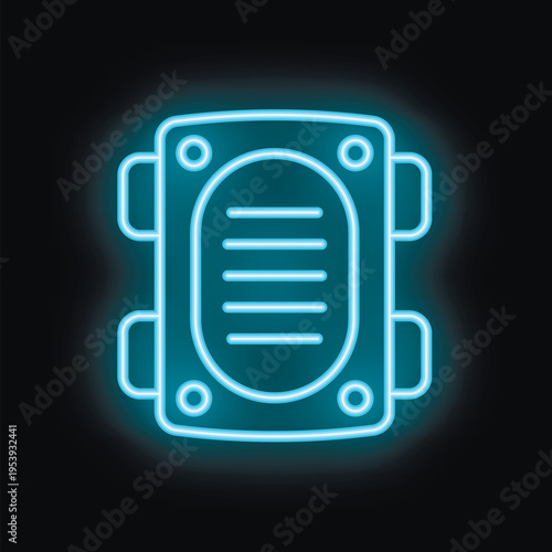 Blue neon sign of a manhole cover glowing on a black background