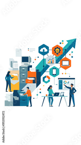 Office technology workflow with printers filing cabinet and upward arrow illustration