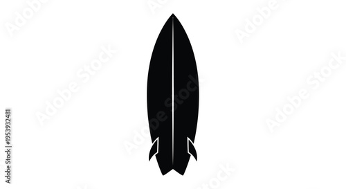 A stark black silhouette depicts a surfboard showcasing its streamlined shape and fin design