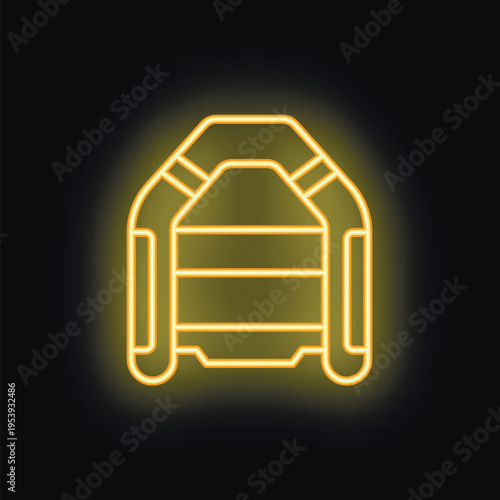 Yellow glowing neon icon of inflatable boat, perfect for designs related to tourism, recreation and water sports