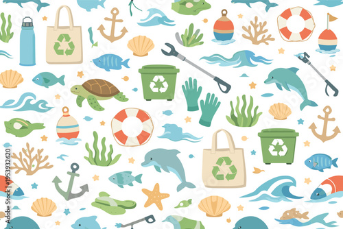 Ocean conservation awareness seamless pattern featuring reusable water bottle, canvas tote bag, coral branch, sea turtle, fish, seashell, wave, seagrass, starfish, anchor, lifebuoy