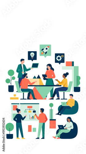 Office team meeting with planning board laptops and three speech bubble icons illustration