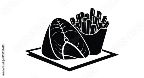 A minimalist black and white illustration depicts a salmon steak alongside a portion of french fries
