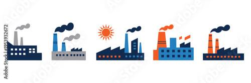 Industrial factory buildings with smokestacks emitting smoke, silhouette and flat vector set depicting factories