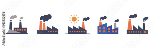 Industrial factory buildings with smokestacks emitting smoke, detailed vector illustrations of factories and manufacturing plants