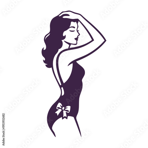 Logotipo con dibujo con líneas de una mujer con bikini de estilo retro con un nudo de lazo, posando de pie de perfil con una mano en la cabeza 