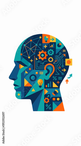 Geometric head profile with gears charts and network nodes illustration