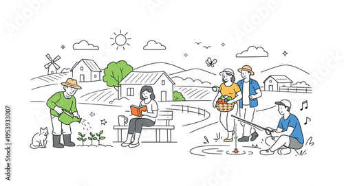 Rural lifestyle and peaceful countryside living concept showing people enjoying a slow and balanced daily routine in a small village environment, using a cluster of simple houses