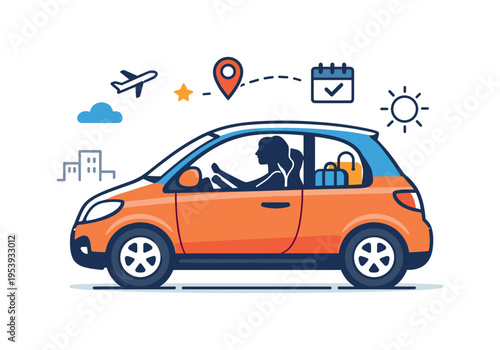 Personal transportation concept representing a woman confidently navigating city roads while managing daily responsibilities and travel needs, a compact car side view with a