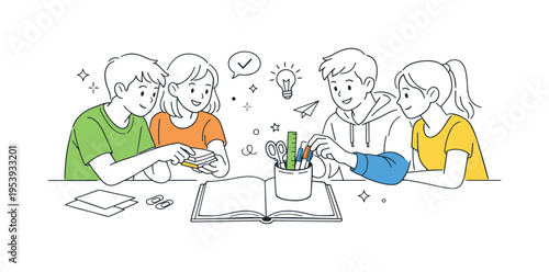 Classroom study materials scene where students collaborate while arranging stationery supplies for a group learning task, a pencil holder and an open notebook serving as the