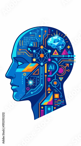 Blue AI head profile with 4 technology icons