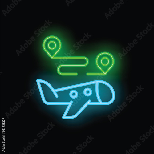 Blue neon airplane icon following green itinerary with two location pins on a black background