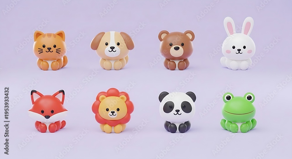 Fototapeta premium Cute animal toy figurines, soft 3D matte, multicolor, nursery decor and childhood play concepts