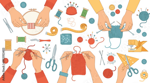 Knitting and Sewing Handmade Vector Illustration Set with Hands Crafting, Yarn, Needles, Scissors, Threads, and DIY Textile Hobby Collection