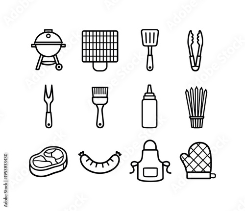 Barbecue grilling tools: charcoal grill, grill grate, spatula turner, barbecue tongs, grilling fork, basting brush, sauce bottle, skewer sticks, steak cut, sausage link, chef apron