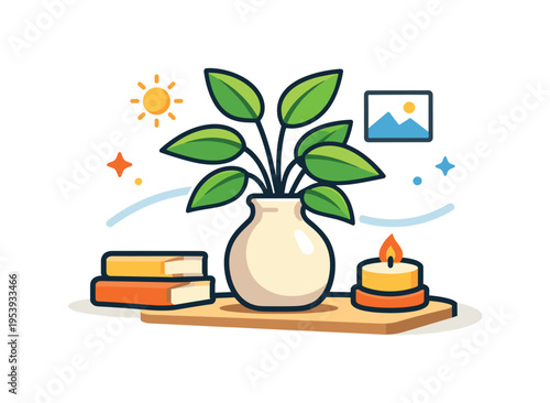 Indoor lifestyle and home decoration focused on calm living spaces and simple natural aesthetics, a ceramic vase holding a leafy houseplant placed as the central object creating a