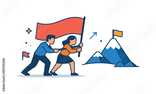 Collaborative outdoor challenge and goal achievement in a professional team building context focused on shared resilience and strategic progress, two flat abstract characters