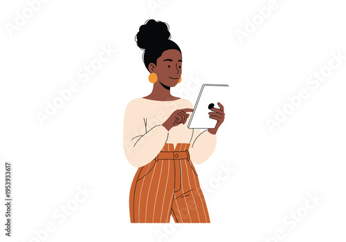 Woman standing and using a digital tablet