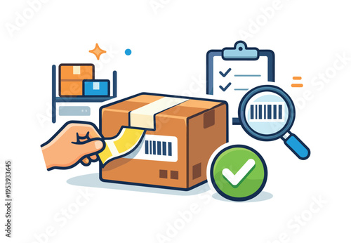 Warehouse and packaging workflow centered on clear product identification and efficient sorting using adhesive labeling systems, a strip of tape label being applied to a cardboard