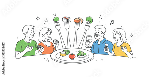 A modern dining and food tasting concept where people explore different flavors and culinary experiences in a social setting, using a set of forks holding simple food items and a