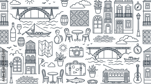 European coastal city travel and Porto inspired vacation concept focused on architecture, food, and scenic exploration in a charming historic destination. Objects of bridge