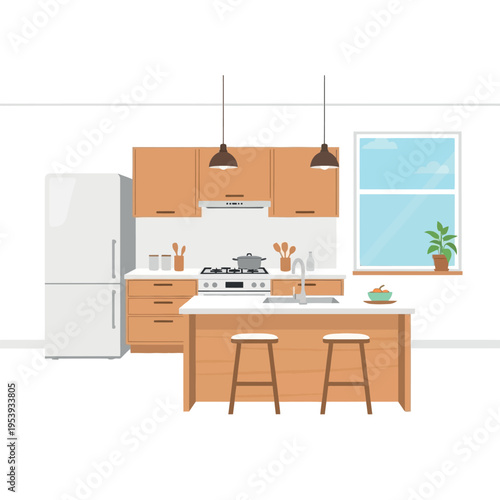 Modern Kitchen Interior with Island and Appliances.