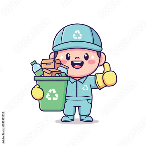 Cartoon Character Holding Recycling Bin and Weights.