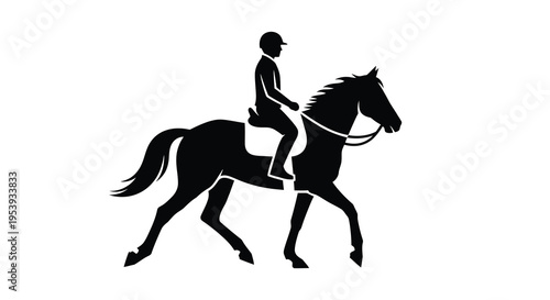 A striking black silhouette depicts a rider on horseback showcasing a dynamic equestrian scene