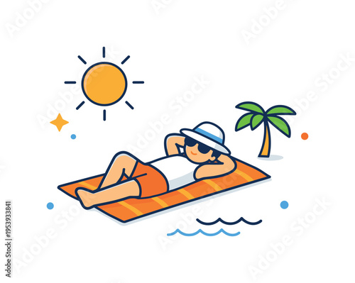 Peaceful seaside holiday moment highlighting sunbathing and enjoying warm coastal weather away from daily work and stress, a relaxed person lying on a beach mat with a wide sun and