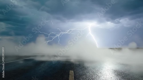 Stormy road lightning rain dense fog on wet asphalt