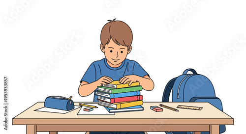 Young Boy Packing Books into Backpack.