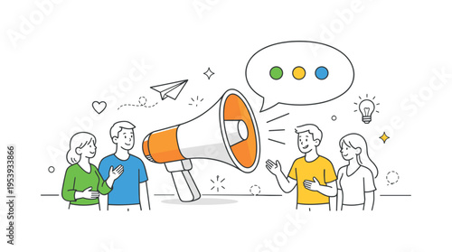 Community message broadcast illustration where a small group of people gathers near a large megaphone and a single speech bubble symbol, representing public speaking, spreading