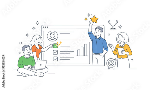 User interface enhancement and visual feedback concept where professionals integrate sparkle icons to highlight key actions and achievements in digital products, featuring star