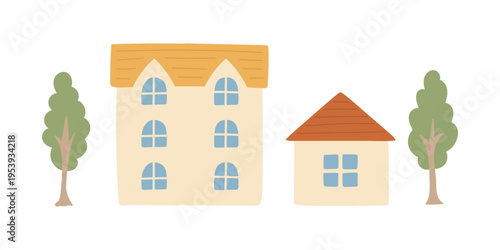 北欧風の家と木のイラストセット（手書き・街並み・住宅素材）