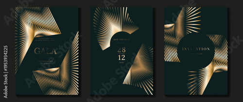 Dark green and gold abstract invitation card vector with flowing metallic line waves. Elegant luxury template for gala event, wedding card, branding, and premium stationery.
