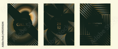 Green and gold modern invitation card vector with decorative abstract pattern and line texture. Elegant premium design for wedding invitation, gala event, branding, and print.