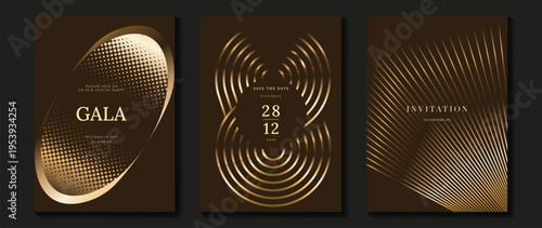 Black and gold luxury invitation card vector with radial geometric lines and metallic gradient. Elegant gala template design for wedding, event, branding, and print media.