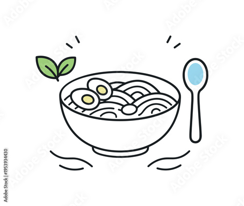 Healthy meal choice and mindful eating routine supporting balanced nutrition during busy daily schedules, an overhead noodle bowl paired with a minimal leaf garnish and spoon shape