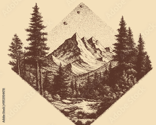 Landscape featuring mountains and pine trees within a diamond shape, tattoo stencil design, vector illustration.