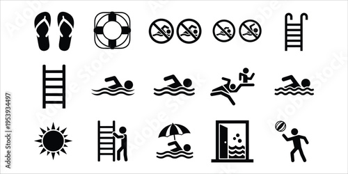 Black and white icons depicting beach and pool safety signs and activities