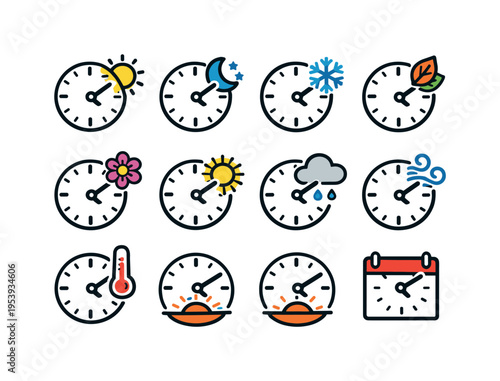 Seasonal time change symbols: clock with sun icon, clock with moon icon, clock with snowflake, clock with leaf, clock with flower, clock with sun rays, clock with rain cloud, clock