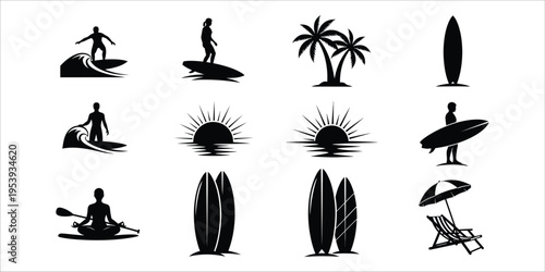 Beach and surfing icons set