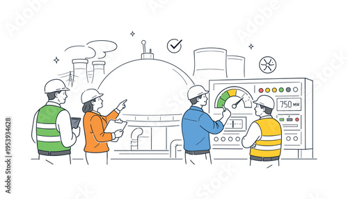 Nuclear power plant operations monitoring concept where technicians stand around a large simplified reactor dome and a control gauge panel, symbolizing careful supervision of