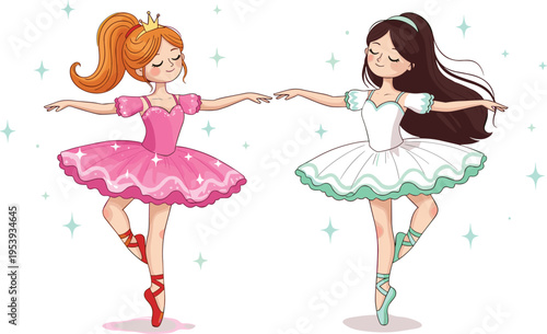 Cute Ballet Dancer Girls Performing Classical Dance in Tutu Dresses Cartoon Vector Illustration Set