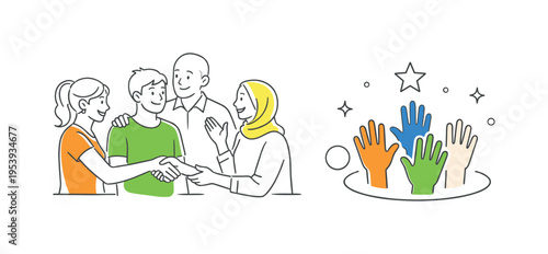 A community collaboration moment where people from diverse backgrounds come together to support shared goals and build a positive cooperative environment, visual metaphor of